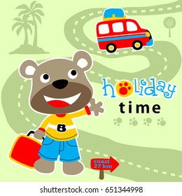 Vector cartoon of cute bear with travel bag waiting for bus