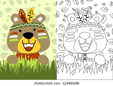 vector cartoon of cute bear wearing feather headdress on leaves background, coloring book or page