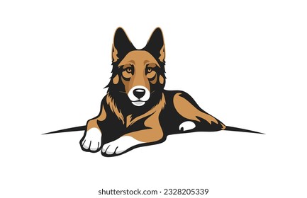 Vector cartoon cute beautiful lying dog breed shepherd dog. White isolated background.