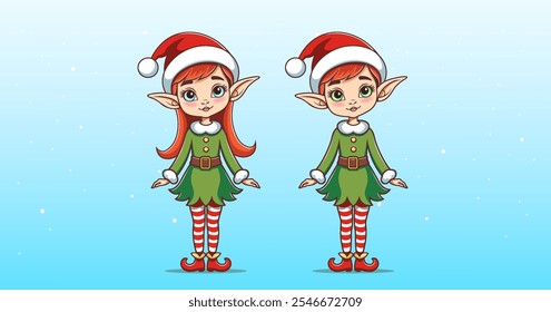 Vektor Cartoon niedlich schöne Mädchen Elfen in grünen Kleidern und roten Weihnachtsmann Hüte. Frohe Weihnachten und einen guten Rutsch ins neue Jahr. Märchenhafte mythische Elf, Santas Helfer.