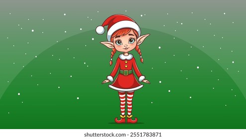 Vector cartoon cute beautiful nice festive girl elf in red cap, dress, shoes and with pigtails. Helper of Santa Claus. Merry Christmas and Happy New Year. Green background.