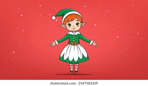 Vector cartoon cute beautiful pretty girl elf in green dress with white apron and hat. Merry Christmas and Happy New Year. Fairytale mythical elf, Santas helper. Culture and legends.