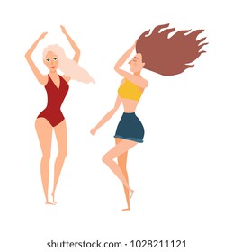 vector cartoon cute beautiful young woman, girls dancing at beach party set. Caucasian blonde girl in red swimsuit, brunette in caucasian clothing shorts, t on vacation isolated illustration