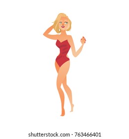 vector cartoon cute beautiful young adult woman, girl dancing at beach party in summer water red swimware on vacation. Isolated illustration on a white background.