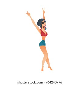 vector cartoon cute beautiful young adult woman, girl dancing at beach party in summer swimware, shorts sunglasses on vacation raising hands up. Isolated illustration on a white background.
