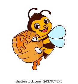 Vector de dibujos animados de una abeja linda abrazando una colmena llena de miel