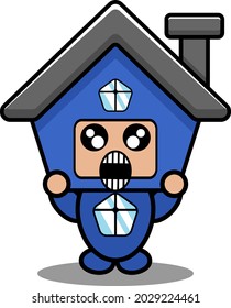 vector cartoon cute blue house mascot costume doodle character sitting with surprised expression