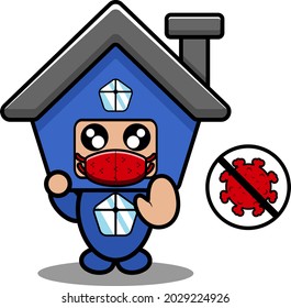 vector cartoon cute blue house mascot costume doodle character wearing anti virus mask