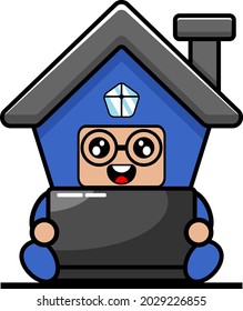 vector cartoon cute blue house mascot costume doodle character working