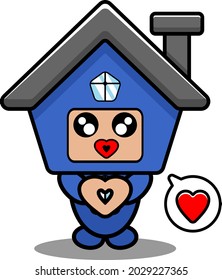 vector cartoon cute blue house mascot costume doodle character with love chat bubble