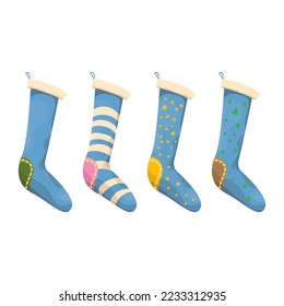 vector cartoon cute blue and ugly christmas socks with color ornament isolated on white background. Merry Christmas vector greeting card, background, banner and poster with socks and stockings