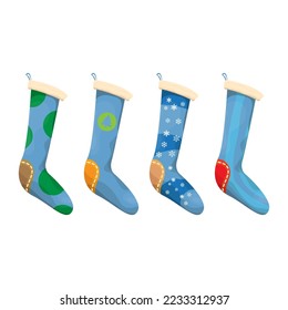 vector cartoon cute blue and ugly christmas socks with color ornament isolated on white background. Merry Christmas vector greeting card, background, banner and poster with socks and stockings