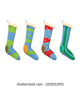 vector cartoon cute blue and ugly christmas socks with color ornament isolated on white background. Merry Christmas vector greeting card, background, banner and poster with socks and stockings