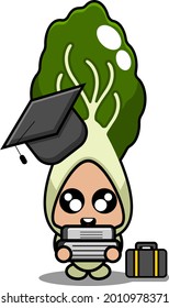 caricatura vectorial lindo bok choy mascota vegetal personaje con sombrero de graduación cargando libro y bolsa