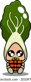 caricatura vectorial lindo bok choy mascota vegetal sostener una caja de regalo