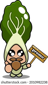 vector cartoon cute bok choy vegetable mascot character holding promo board