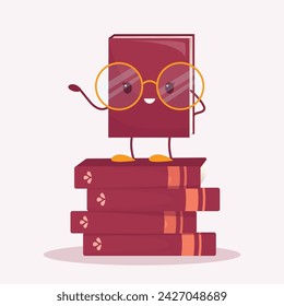 Vector cartoon cute book character with big glasses and smile. A revived book stands on a stack of books. World Book Day
