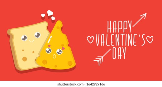 vector cartoon cute bread man character with cheese girl character isolated on red background. valentines day comic funky kids poster or horizontal banner with funky food couple. Better together 