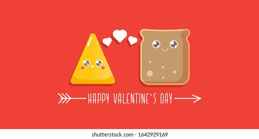 vector cartoon cute bread man character with cheese girl character isolated on red background. valentines day comic funky kids poster or horizontal banner with funky food couple. Better together 