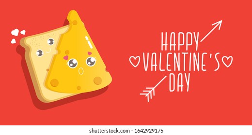 vector cartoon cute bread man character with cheese girl character isolated on red background. valentines day comic funky kids poster or horizontal banner with funky food couple. Better together 