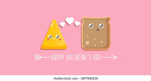 vector cartoon cute bread man character with cheese girl character isolated on pink background. valentines day comic funky kids poster or horizontal banner with funky food couple. Better together