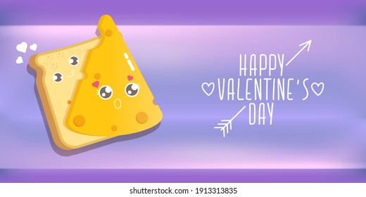 vector cartoon cute bread man character with cheese girl character isolated on violet background. valentines day comic funky kids poster or horizontal banner with funky food couple. Better together