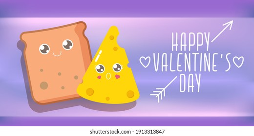 vector cartoon cute bread man character with cheese girl character isolated on violet background. valentines day comic funky kids poster or horizontal banner with funky food couple. Better together