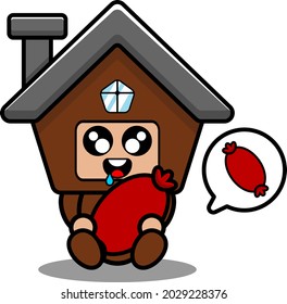 vector cartoon cute brown house mascot costume doodle character eating sausage