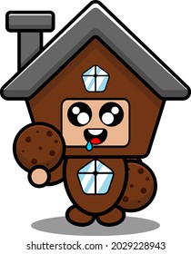vector cartoon cute brown house mascot costume doodle character holding cake