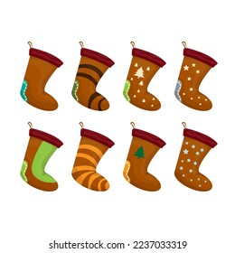 vector cartoon cute brown and ugly christmas socks with color ornament isolated on white background. Merry Christmas vector greeting card, background, banner and poster with socks and stockings