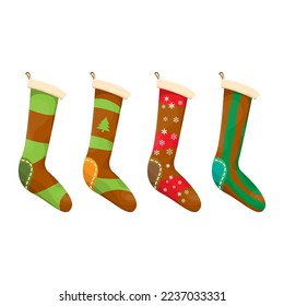 vector cartoon cute brown and ugly christmas socks with color ornament isolated on white background. Merry Christmas vector greeting card, background, banner and poster with socks and stockings