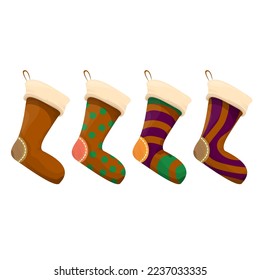 Vektorcartoon, süß-braune und hässliche Weihnachtssocken mit Farbverzierung einzeln auf weißem Hintergrund. Fröhliche Weihnachtsvektorkarte, Hintergrund, Banner und Poster mit Socken und Strümpfen