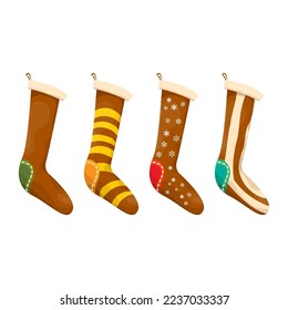 vector cartoon cute brown and ugly christmas socks with color ornament isolated on white background. Merry Christmas vector greeting card, background, banner and poster with socks and stockings