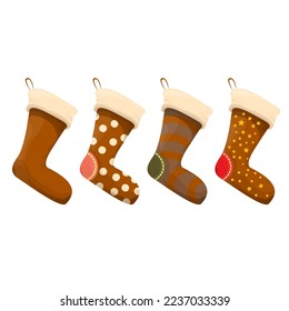 vector cartoon cute brown and ugly christmas socks with color ornament isolated on white background. Merry Christmas vector greeting card, background, banner and poster with socks and stockings