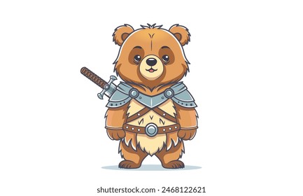 Vector de dibujos animados lindo y brutal oso de peluche guerrero en la antigua armadura y con una espada. Pegatina. Caballero de juguete. Fondo blanco aislado.