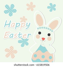 Vector cartoon of cute bunny with blue and pink flowers for Easter postcard, greeting card and wallpaper