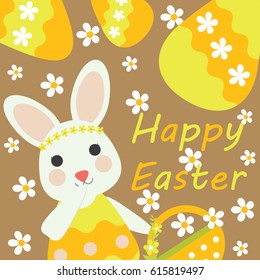 Vector cartoon of cute bunny bring basket and yellow egg for Easter postcard, greeting card and wallpaper