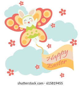 Vector cartoon of cute bunny with butterfly custom for Easter postcard, greeting card and wallpaper