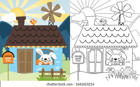 Vector cartoon of cute bunny in a house on sunrise background, coloring book or page