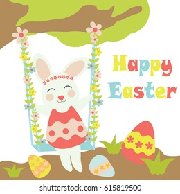 Vector cartoon of cute bunny swings behind tree and colorful egg for Easter postcard, greeting card and wallpaper