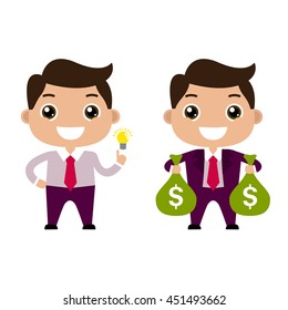 Vector. Cartoon cute businessman or managers character in different poses with money. Flat. Idea. Money. The path to success and wealth. Creative man in a blue suit. Bags with money isolated on white.
