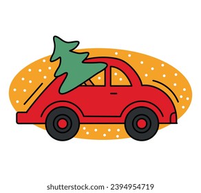 Caricatura vectorial auto lindo con árbol de año nuevo