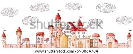Vector cartoon cute castle and doodle clouds. Medieval architecture: houses, towers, fences, walls, gates