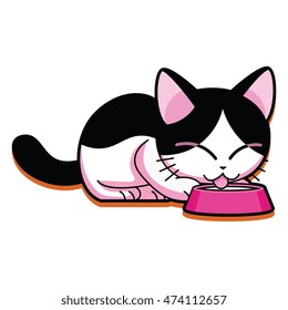 Vector Cartoon Cute Cat Eating Isolated On White Background