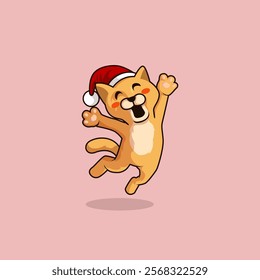 Vector cartoon cute cat jumping happily to welcome Christmas