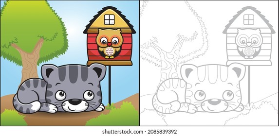 Vector cartoon of cute cat laying down with owl in it cage. Coloring book or page