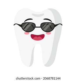 Vector cartoon cute characters of tooth in sunglasses. Children's dental concept.
