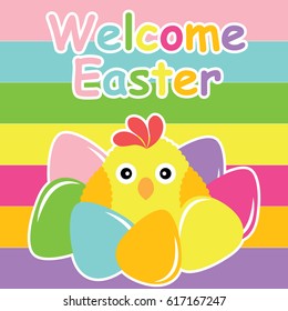 Vector cartoon of cute chick between colorful egg for Easter postcard, wallpaper, and greeting card