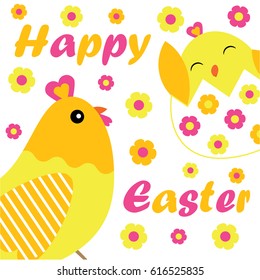 Vector cartoon of Cute Chicken and chick are happy and flowers for Easter postcard, wallpaper, and greeting card