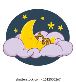 Vector cartoon cute child in tiger pajamas is sleeping on the moon.